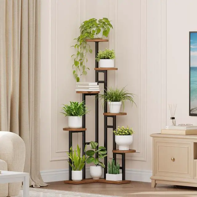 Alt view image 2 of 7 - HOOBRO Corner Plant Stand Indoor, 7-Tier Plant Shelf for Multiple Indoor Plants, Corner Plant Rack Organizer, Round Flower Stand, for Living Room, Balcony, Patio, Rustic Brown and Black BF02HJ01