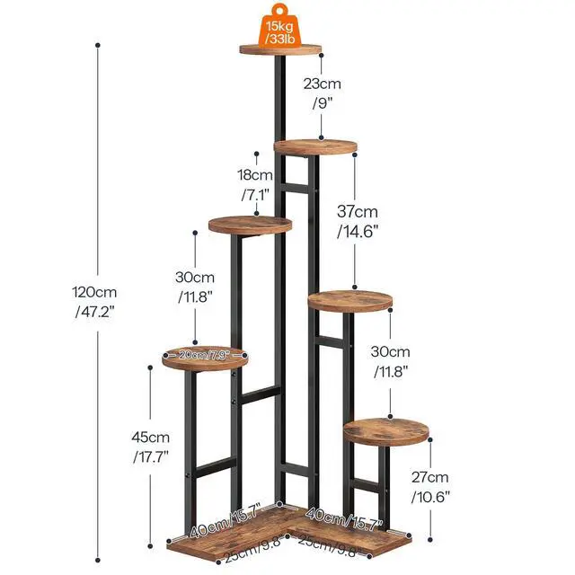 Alt view image 3 of 7 - HOOBRO Corner Plant Stand Indoor, 7-Tier Plant Shelf for Multiple Indoor Plants, Corner Plant Rack Organizer, Round Flower Stand, for Living Room, Balcony, Patio, Rustic Brown and Black BF02HJ01