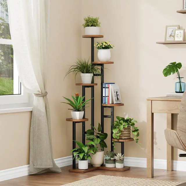 Alt view image 4 of 7 - HOOBRO Corner Plant Stand Indoor, 7-Tier Plant Shelf for Multiple Indoor Plants, Corner Plant Rack Organizer, Round Flower Stand, for Living Room, Balcony, Patio, Rustic Brown and Black BF02HJ01