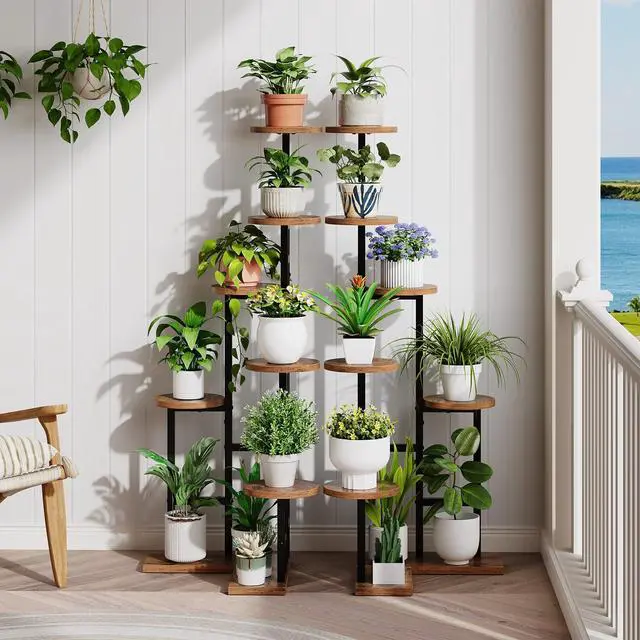 Alt view image 5 of 7 - HOOBRO Corner Plant Stand Indoor, 7-Tier Plant Shelf for Multiple Indoor Plants, Corner Plant Rack Organizer, Round Flower Stand, for Living Room, Balcony, Patio, Rustic Brown and Black BF02HJ01