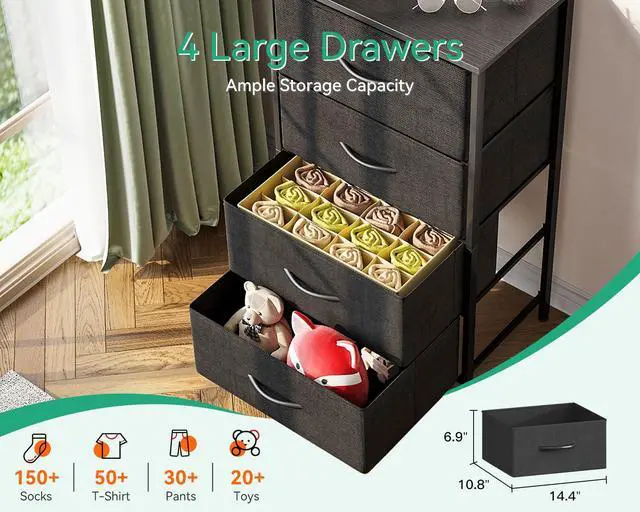 Alt view image 4 of 7 - AODK Dresser for Bedroom with 4 Storage Drawers, Small Dressers Chest of Drawers Fabric Dresser with Sturdy Steel Frame, Black