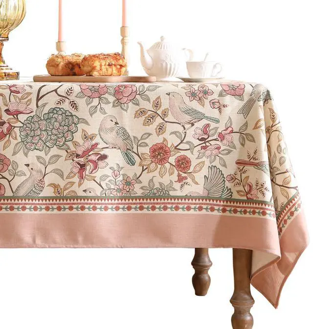 Main image of patdrea Designer Pink Linen Table Cloth for Rectangle Table,Vintage Floral with Birds Pattern Decorative Tablcloth,French Table Cover for Kitchen Dining,Thanksgiving,Christmas,55"x71"-Kulom a