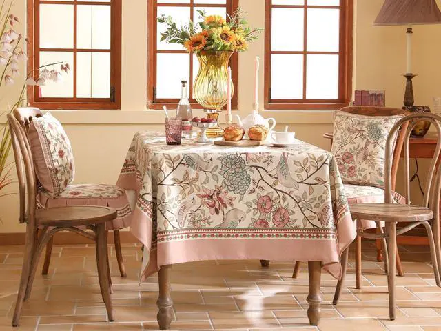 Alt view image 2 of 7 - patdrea Designer Pink Linen Table Cloth for Rectangle Table,Vintage Floral with Birds Pattern Decorative Tablcloth,French Table Cover for Kitchen Dining,Thanksgiving,Christmas,55"x71"-Kulom a