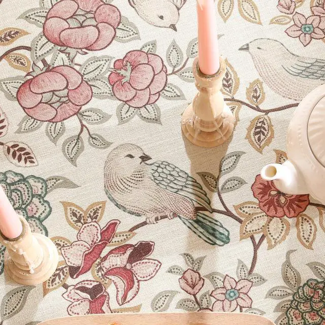 Alt view image 3 of 7 - patdrea Designer Pink Linen Table Cloth for Rectangle Table,Vintage Floral with Birds Pattern Decorative Tablcloth,French Table Cover for Kitchen Dining,Thanksgiving,Christmas,55"x71"-Kulom a