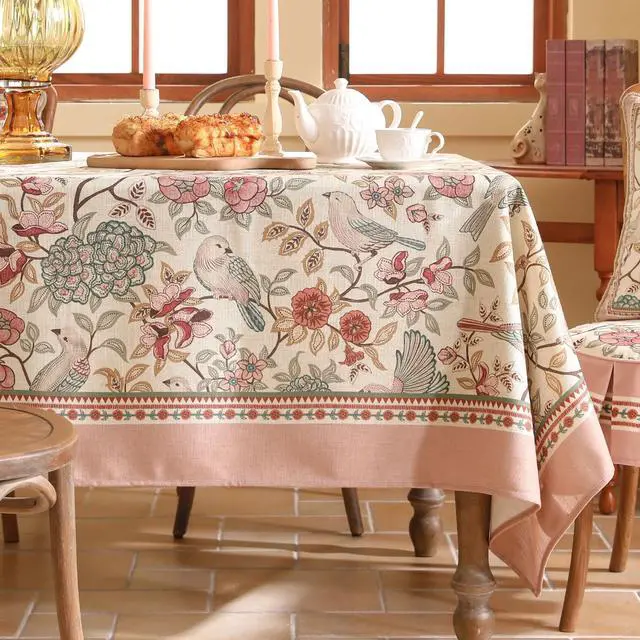 Alt view image 7 of 7 - patdrea Designer Pink Linen Table Cloth for Rectangle Table,Vintage Floral with Birds Pattern Decorative Tablcloth,French Table Cover for Kitchen Dining,Thanksgiving,Christmas,55"x71"-Kulom a