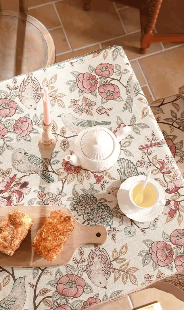 Alt view image 5 of 7 - patdrea Designer Pink Linen Table Cloth for Rectangle Table,Vintage Floral with Birds Pattern Decorative Tablcloth,French Table Cover for Kitchen Dining,Thanksgiving,Christmas,55"x71"-Kulom a