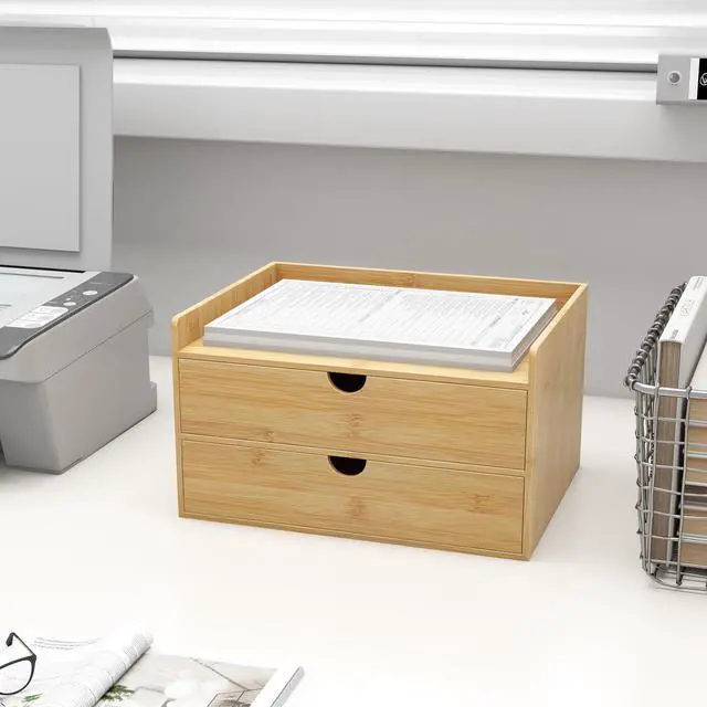 Alt view image 2 of 7 - Bamboo Desk Drawer Organizer, Large Desktop Organizer with Drawers Tabletop Storage Organization Box for Office Home Toiletries Supplies Vanity, No Assembly Required (2 Drawer with Shelf)