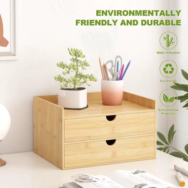Alt view image 3 of 7 - Bamboo Desk Drawer Organizer, Large Desktop Organizer with Drawers Tabletop Storage Organization Box for Office Home Toiletries Supplies Vanity, No Assembly Required (2 Drawer with Shelf)