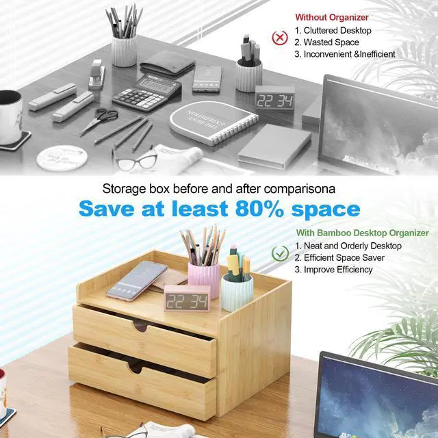 Alt view image 5 of 7 - Bamboo Desk Drawer Organizer, Large Desktop Organizer with Drawers Tabletop Storage Organization Box for Office Home Toiletries Supplies Vanity, No Assembly Required (2 Drawer with Shelf)