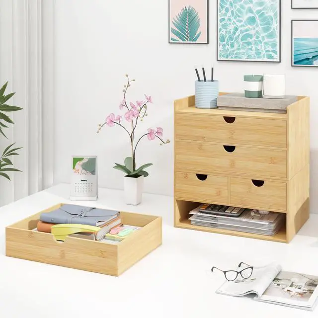 Alt view image 4 of 7 - Bamboo Desk Drawer Organizer, Large Desktop Organizer with Drawers Tabletop Storage Organization Box for Office Home Toiletries Supplies Vanity, No Assembly Required (2 Drawer with Shelf)