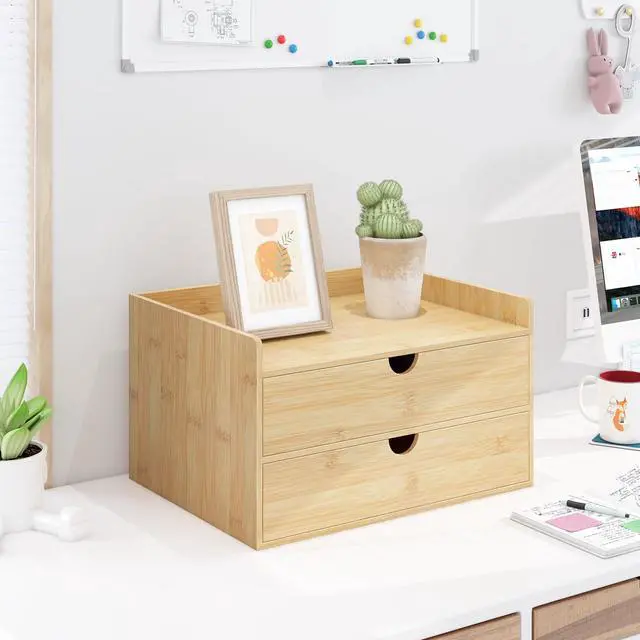 Alt view image 6 of 7 - Bamboo Desk Drawer Organizer, Large Desktop Organizer with Drawers Tabletop Storage Organization Box for Office Home Toiletries Supplies Vanity, No Assembly Required (2 Drawer with Shelf)