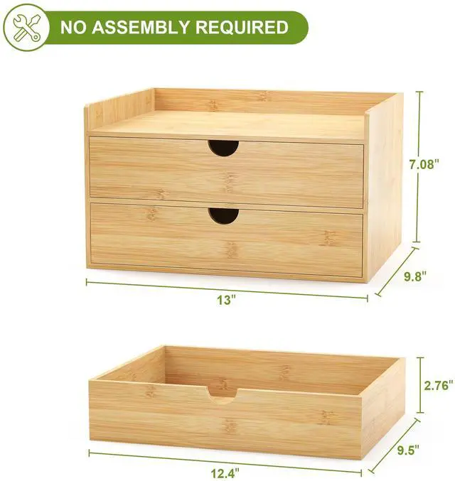 Alt view image 7 of 7 - Bamboo Desk Drawer Organizer, Large Desktop Organizer with Drawers Tabletop Storage Organization Box for Office Home Toiletries Supplies Vanity, No Assembly Required (2 Drawer with Shelf)