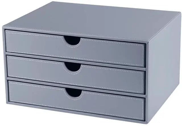 Main image of Leather Desk Organizer with 3 Drawers/Tray, Executive Office Supplies Desktop Filing A4 File Cabinet/Holder, Stackable Storage Box Grey (Gray)