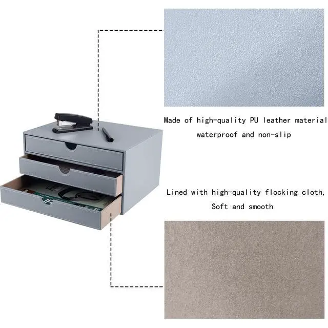 Alt view image 5 of 7 - Leather Desk Organizer with 3 Drawers/Tray, Executive Office Supplies Desktop Filing A4 File Cabinet/Holder, Stackable Storage Box Grey (Gray)