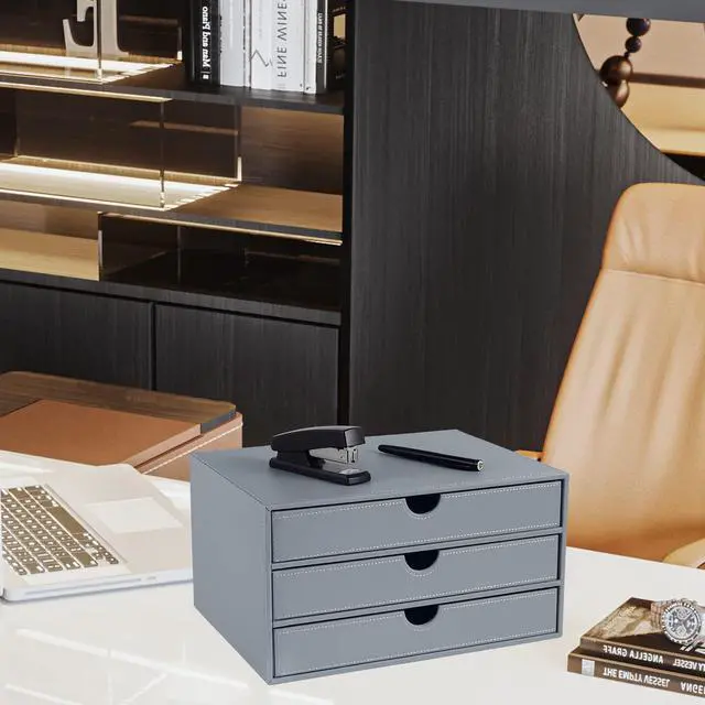 Alt view image 7 of 7 - Leather Desk Organizer with 3 Drawers/Tray, Executive Office Supplies Desktop Filing A4 File Cabinet/Holder, Stackable Storage Box Grey (Gray)