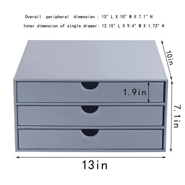 Alt view image 4 of 7 - Leather Desk Organizer with 3 Drawers/Tray, Executive Office Supplies Desktop Filing A4 File Cabinet/Holder, Stackable Storage Box Grey (Gray)