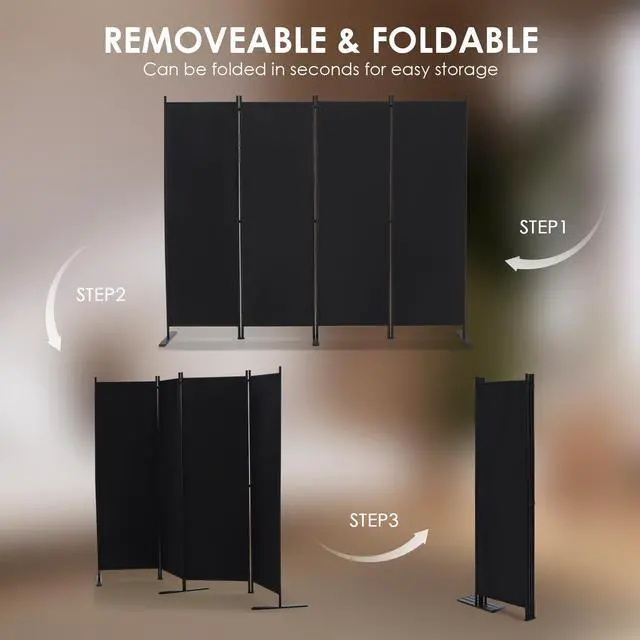 Alt view image 3 of 6 - RANTILA 4 Panel Room Divider, 6 FT Folding Privacy Screen with Wide Feet, Freestanding Partition for Room Separation, Portable Room Divider Panel, 89" W x 71" H, Black