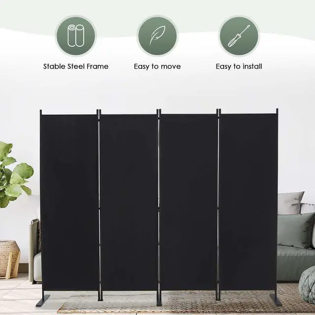 Alt view image 6 of 6 - RANTILA 4 Panel Room Divider, 6 FT Folding Privacy Screen with Wide Feet, Freestanding Partition for Room Separation, Portable Room Divider Panel, 89" W x 71" H, Black