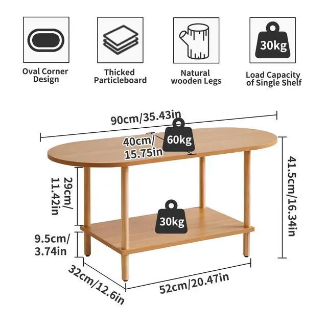 Alt view image 2 of 5 - Aibiju Wooden Tea Table Small Coffee Table, 2 Tier Coffee Table for Living Room, 35x16x17inch Tea Table Stand with Storage Shelf Natural Wood Color YD-012N