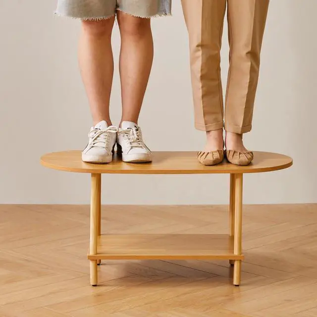 Alt view image 3 of 5 - Aibiju Wooden Tea Table Small Coffee Table, 2 Tier Coffee Table for Living Room, 35x16x17inch Tea Table Stand with Storage Shelf Natural Wood Color YD-012N