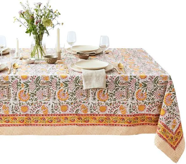 Main image of ATOSII Clover Yellow 100% Cotton Rectangle Fall Tablecloth, Handblock Floral Print Linen Table Cloth for Kitchen Dining I Parties, Weddings, Outdoors, Christmas, Thanksgiving Decor 60 X 108 Inches