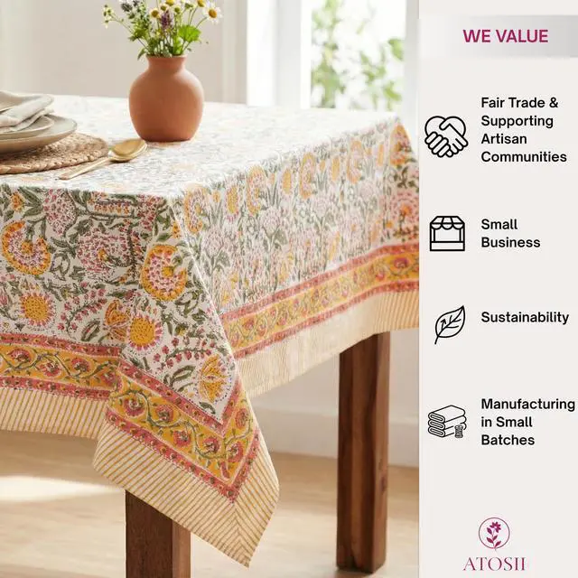 Alt view image 4 of 7 - ATOSII Clover Yellow 100% Cotton Rectangle Fall Tablecloth, Handblock Floral Print Linen Table Cloth for Kitchen Dining I Parties, Weddings, Outdoors, Christmas, Thanksgiving Decor 60 X 108 Inches