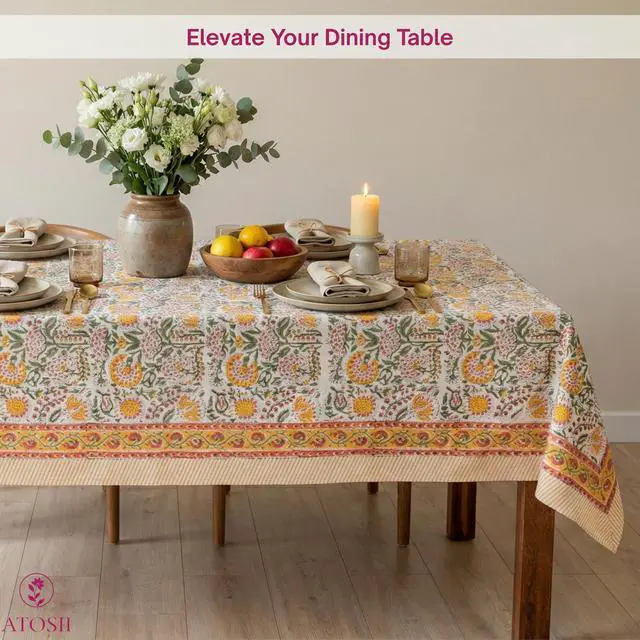 Alt view image 6 of 7 - ATOSII Clover Yellow 100% Cotton Rectangle Fall Tablecloth, Handblock Floral Print Linen Table Cloth for Kitchen Dining I Parties, Weddings, Outdoors, Christmas, Thanksgiving Decor 60 X 108 Inches