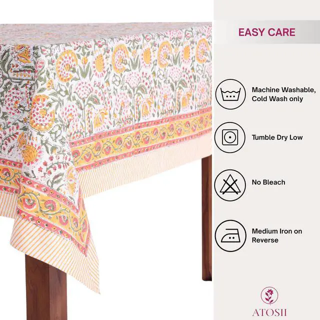 Alt view image 7 of 7 - ATOSII Clover Yellow 100% Cotton Rectangle Fall Tablecloth, Handblock Floral Print Linen Table Cloth for Kitchen Dining I Parties, Weddings, Outdoors, Christmas, Thanksgiving Decor 60 X 108 Inches