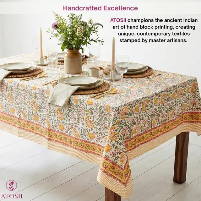 Alt view image 3 of 7 - ATOSII Clover Yellow 100% Cotton Rectangle Fall Tablecloth, Handblock Floral Print Linen Table Cloth for Kitchen Dining I Parties, Weddings, Outdoors, Christmas, Thanksgiving Decor 60 X 108 Inches