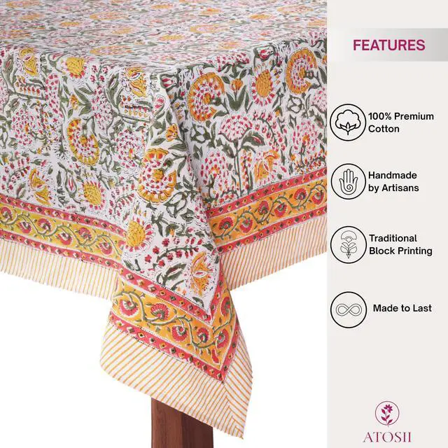 Alt view image 2 of 7 - ATOSII Clover Yellow 100% Cotton Rectangle Fall Tablecloth, Handblock Floral Print Linen Table Cloth for Kitchen Dining I Parties, Weddings, Outdoors, Christmas, Thanksgiving Decor 60 X 108 Inches