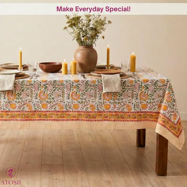 Alt view image 5 of 7 - ATOSII Clover Yellow 100% Cotton Rectangle Fall Tablecloth, Handblock Floral Print Linen Table Cloth for Kitchen Dining I Parties, Weddings, Outdoors, Christmas, Thanksgiving Decor 60 X 108 Inches