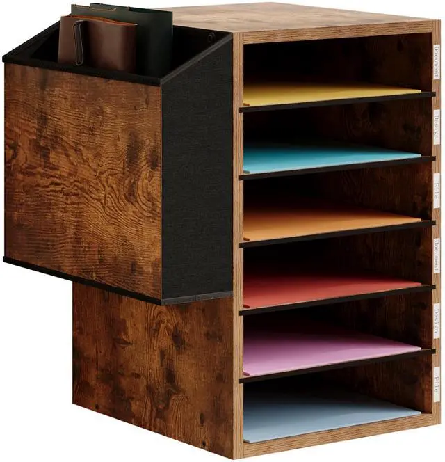 Main image of Unionly, 6 Tier Adjustable Countertop Mail Sorter, Mailboxes With Name Slots, Literature Organization Paper Storage Slot, Office Desk File Organizer, Wooden Desktop Mailbox for Classroom, Rustic Brown