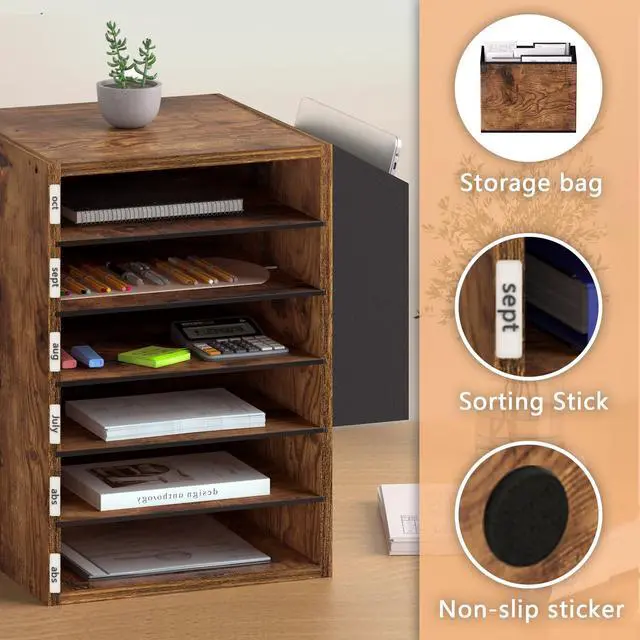 Alt view image 4 of 7 - Unionly, 6 Tier Adjustable Countertop Mail Sorter, Mailboxes With Name Slots, Literature Organization Paper Storage Slot, Office Desk File Organizer, Wooden Desktop Mailbox for Classroom, Rustic Brown