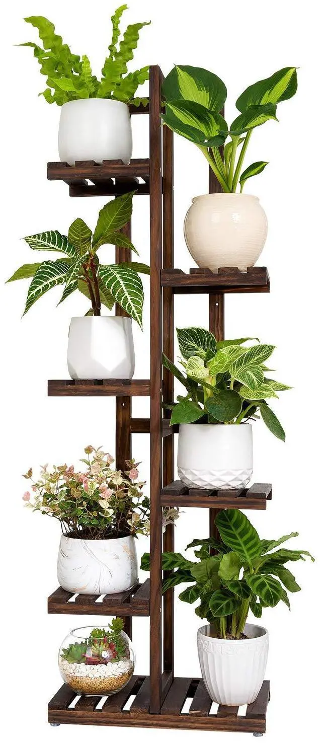 Main image of Mkono Wood Plant Stand 6 Tier 7 Potted Plant Shelf Indoor Outdoor Tall Multi-tiered Flower Pot Holder Modern Ladder Storage Rack Display Planter for Patio Garden Corner Balcony Living Room, Brown