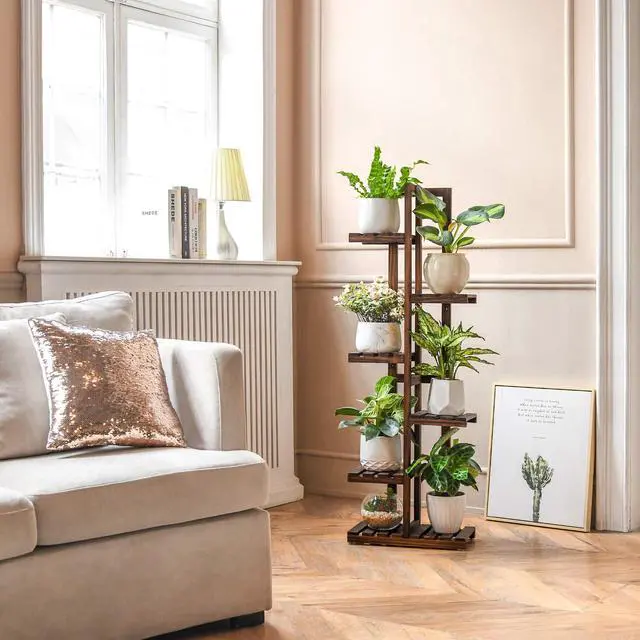 Alt view image 5 of 6 - Mkono Wood Plant Stand 6 Tier 7 Potted Plant Shelf Indoor Outdoor Tall Multi-tiered Flower Pot Holder Modern Ladder Storage Rack Display Planter for Patio Garden Corner Balcony Living Room, Brown