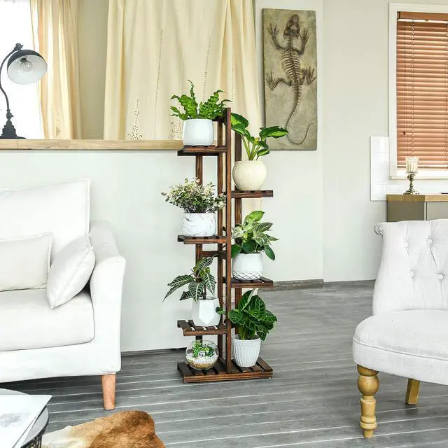 Alt view image 4 of 6 - Mkono Wood Plant Stand 6 Tier 7 Potted Plant Shelf Indoor Outdoor Tall Multi-tiered Flower Pot Holder Modern Ladder Storage Rack Display Planter for Patio Garden Corner Balcony Living Room, Brown