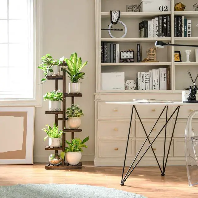Alt view image 2 of 6 - Mkono Wood Plant Stand 6 Tier 7 Potted Plant Shelf Indoor Outdoor Tall Multi-tiered Flower Pot Holder Modern Ladder Storage Rack Display Planter for Patio Garden Corner Balcony Living Room, Brown
