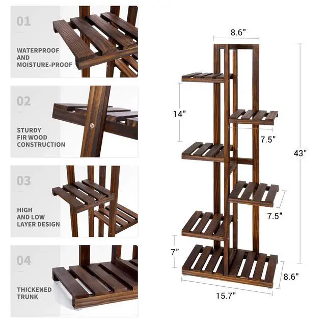 Alt view image 6 of 6 - Mkono Wood Plant Stand 6 Tier 7 Potted Plant Shelf Indoor Outdoor Tall Multi-tiered Flower Pot Holder Modern Ladder Storage Rack Display Planter for Patio Garden Corner Balcony Living Room, Brown