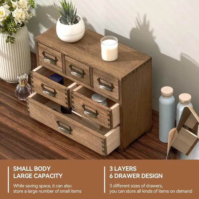Alt view image 4 of 7 - KIRIGEN Wood Desk Drawer Cabinet Organizer, 6-Drawer Mini Storage Chest with Metal Label Holder Handles, Fully Assembled Desktop Organizer for Office Supplies, Crafts, Makeup, Brown 3D6CG-DBR