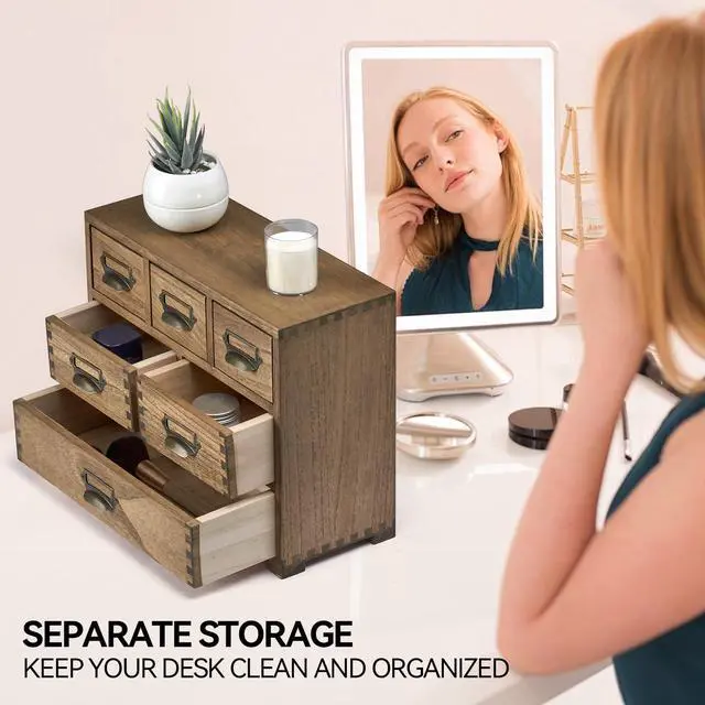 Alt view image 7 of 7 - KIRIGEN Wood Desk Drawer Cabinet Organizer, 6-Drawer Mini Storage Chest with Metal Label Holder Handles, Fully Assembled Desktop Organizer for Office Supplies, Crafts, Makeup, Brown 3D6CG-DBR