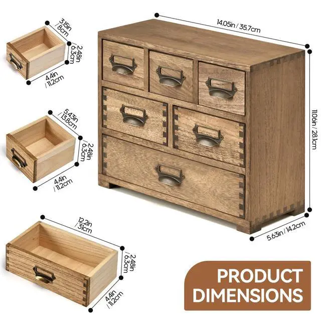 Alt view image 6 of 7 - KIRIGEN Wood Desk Drawer Cabinet Organizer, 6-Drawer Mini Storage Chest with Metal Label Holder Handles, Fully Assembled Desktop Organizer for Office Supplies, Crafts, Makeup, Brown 3D6CG-DBR