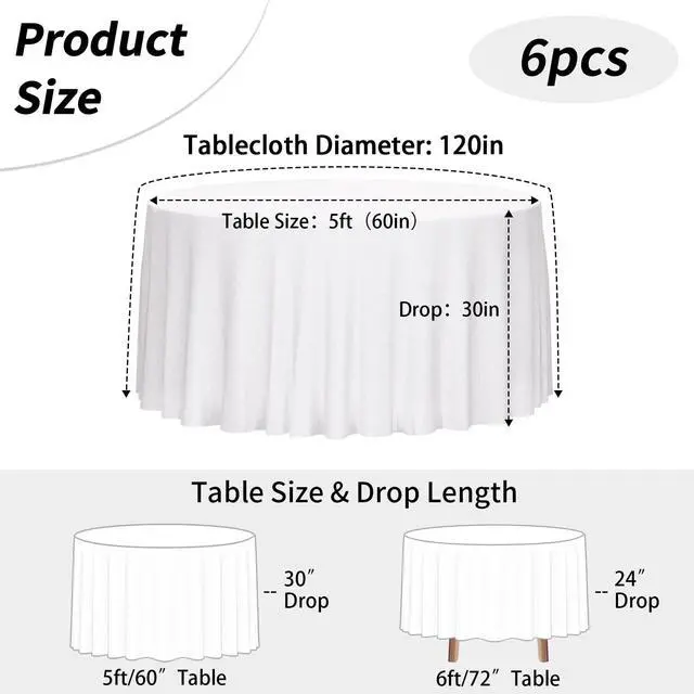Alt view image 3 of 7 - Fixwal 6 Pack White Round Tablecloth, 120 Inch Round Table Cloth Polyester Fabric Washable Table Covers for Wedding, Party, Banquet, Christmas Decorations, Birthday Events