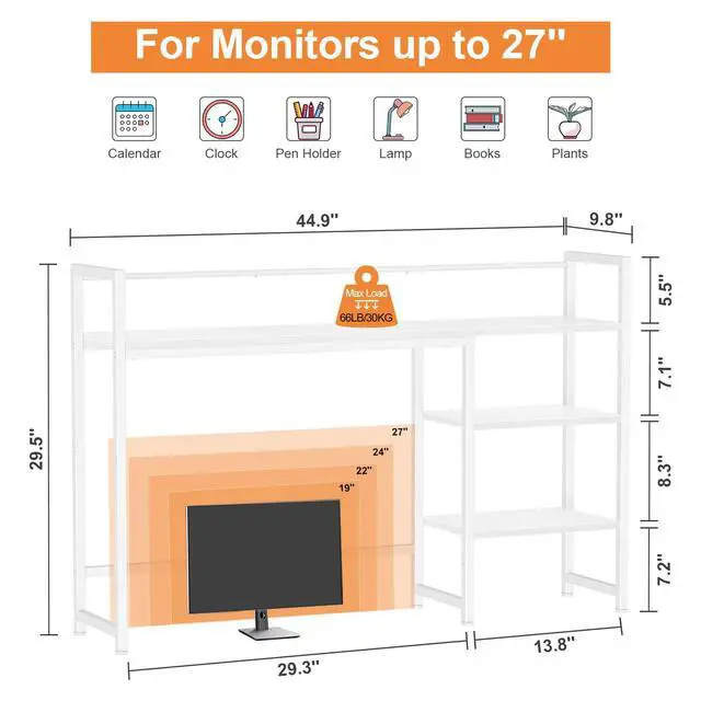 Alt view image 3 of 7 - Snughome Desk Shelf, 44.9" Large Desktop Organizer Shelf, Desk Hutch for Monitor, 4 Tier Display Rack, Wooden Desktop Bookshelf Storage Rack for Home Office Dorm