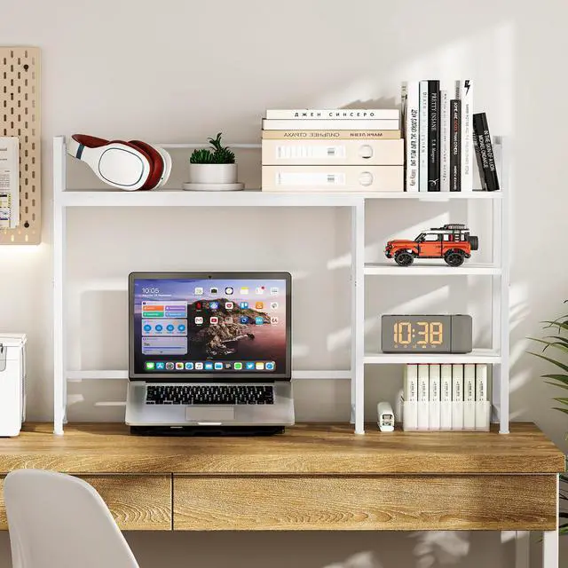 Alt view image 4 of 7 - Snughome Desk Shelf, 44.9" Large Desktop Organizer Shelf, Desk Hutch for Monitor, 4 Tier Display Rack, Wooden Desktop Bookshelf Storage Rack for Home Office Dorm