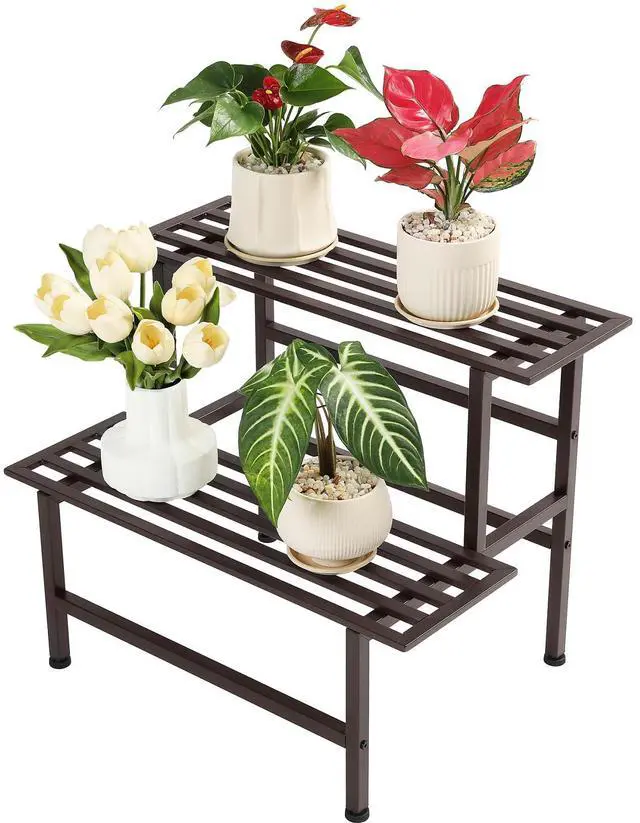 Main image of Dipion Metal Plant Stand Outdoor Plant Shelf Indoor,2 Tier Heavy Duty Ladder Plant Stands for Multiple Plants,26" L x 20.25" H x 17.75" W,Coffee