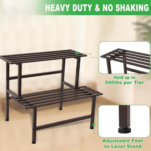Alt view image 3 of 6 - Dipion Metal Plant Stand Outdoor Plant Shelf Indoor,2 Tier Heavy Duty Ladder Plant Stands for Multiple Plants,26" L x 20.25" H x 17.75" W,Coffee