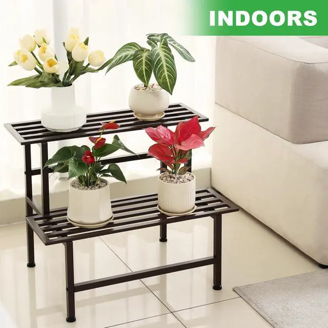 Alt view image 4 of 6 - Dipion Metal Plant Stand Outdoor Plant Shelf Indoor,2 Tier Heavy Duty Ladder Plant Stands for Multiple Plants,26" L x 20.25" H x 17.75" W,Coffee