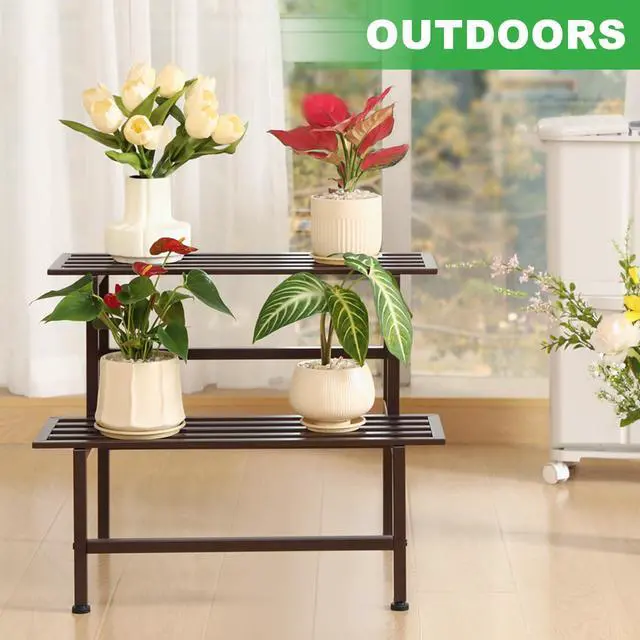 Alt view image 5 of 6 - Dipion Metal Plant Stand Outdoor Plant Shelf Indoor,2 Tier Heavy Duty Ladder Plant Stands for Multiple Plants,26" L x 20.25" H x 17.75" W,Coffee