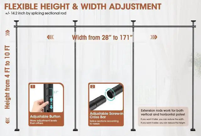 Alt view image 2 of 7 - SUNALLY Room Divider Curtain Rod, No Drilling Wall Divider for Room Separation, 4-10ft(H) 28-171inch(W) Adjustable Heavy Duty Partition Space Separator Freestanding Tension Curtain Stand, Black
