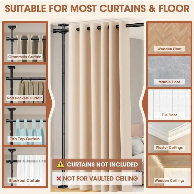 Alt view image 4 of 7 - SUNALLY Room Divider Curtain Rod, No Drilling Wall Divider for Room Separation, 4-10ft(H) 28-171inch(W) Adjustable Heavy Duty Partition Space Separator Freestanding Tension Curtain Stand, Black